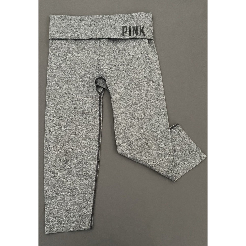 PINK Victoria Secret Capri Leggings Womens Medium Gray Foldover Waistband Yoga
